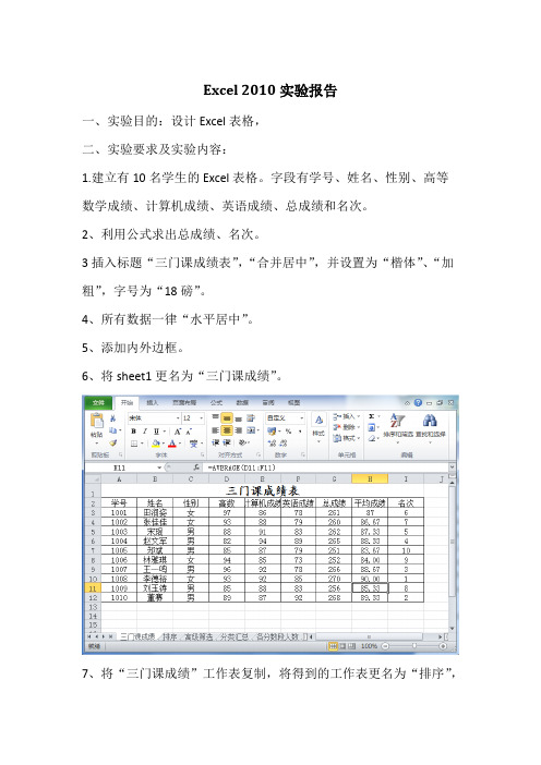 大学计算机练习作业—Excel2010实验报告