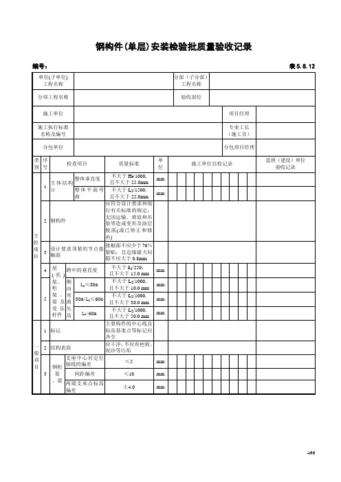 钢构件(单层)安装检验批质量验收记录