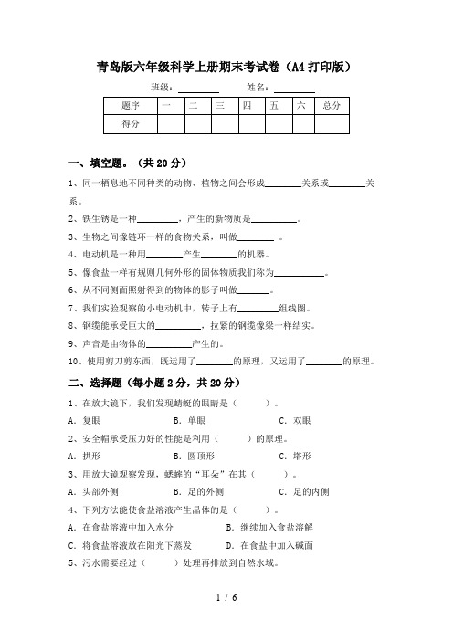 青岛版六年级科学上册期末考试卷(A4打印版)