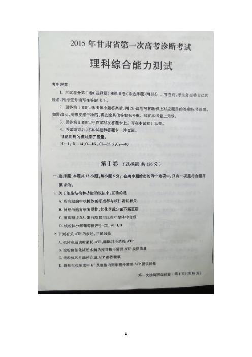 2015甘肃省一诊 甘肃省2015届高三第一次诊断考试理科综合试题及答案