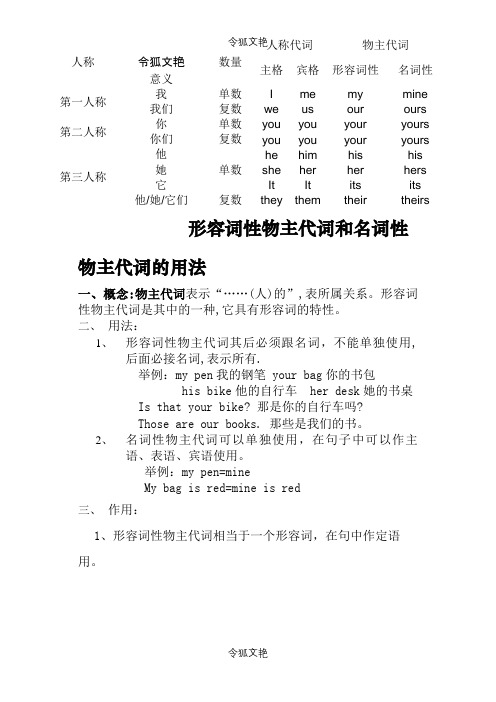 形容词性物主代词和名词性物主代词表格之令狐文艳创作