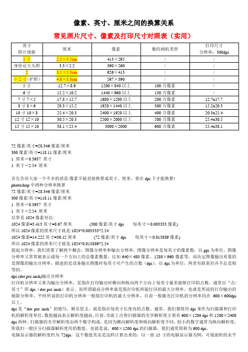 图片处理时：像素、英寸、厘米之间的换算关系