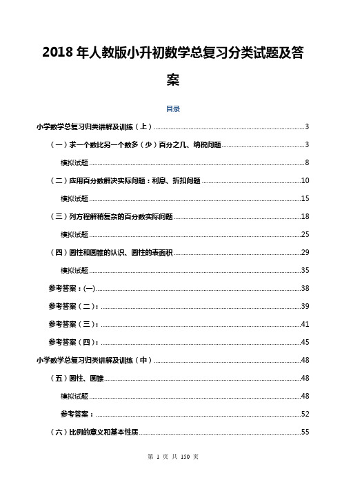 2018年人教版小升初数学总复习分类试题及答案