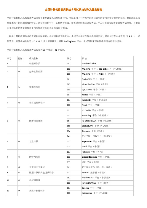 全国计算机信息高新技术考试模块划分及鉴定标准