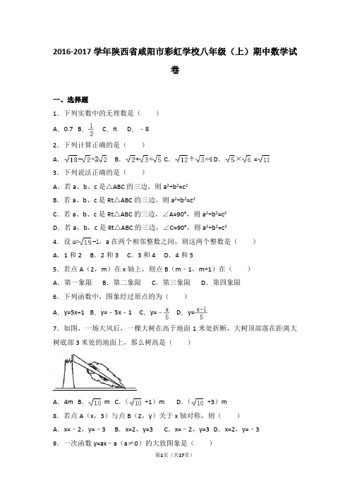 陕西省咸阳市彩虹学校2016-2017学年八年级(上)期中数学试卷(解析版)