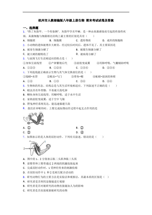 杭州市人教部编版八年级上册生物 期末考试试卷及答案