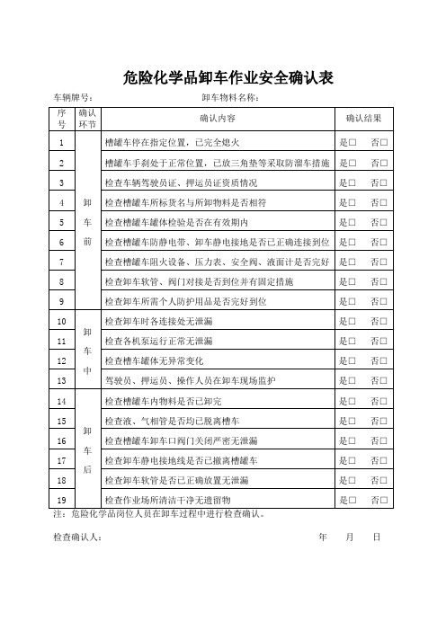 危险化学品卸车作业安全确认表