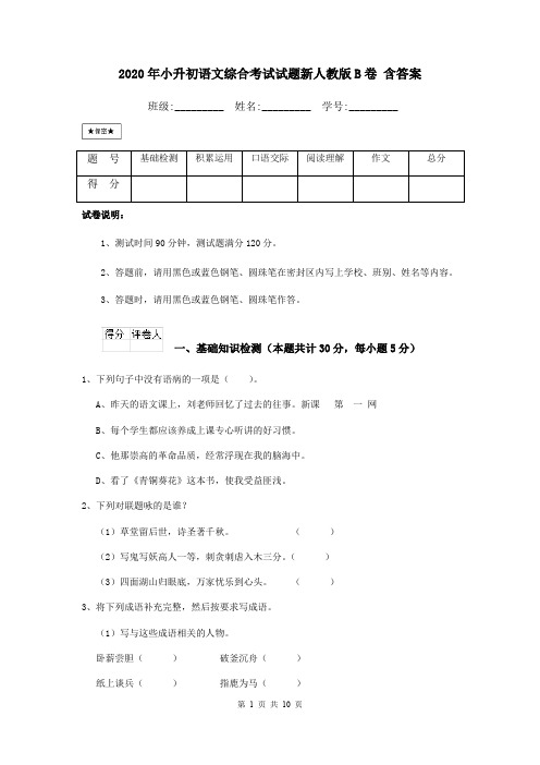 2020年小升初语文综合考试试题新人教版B卷 含答案