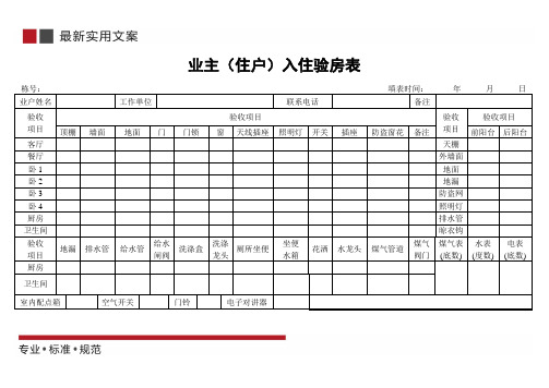 业主(住户)入住验房表(标准范本)