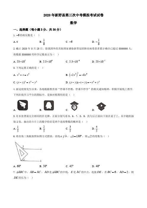 河南省南阳市新野县2020届九年级中考第三次模拟考试数学试题