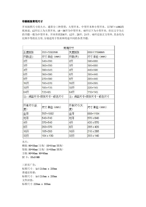 常见纸张开切和书本尺寸对照