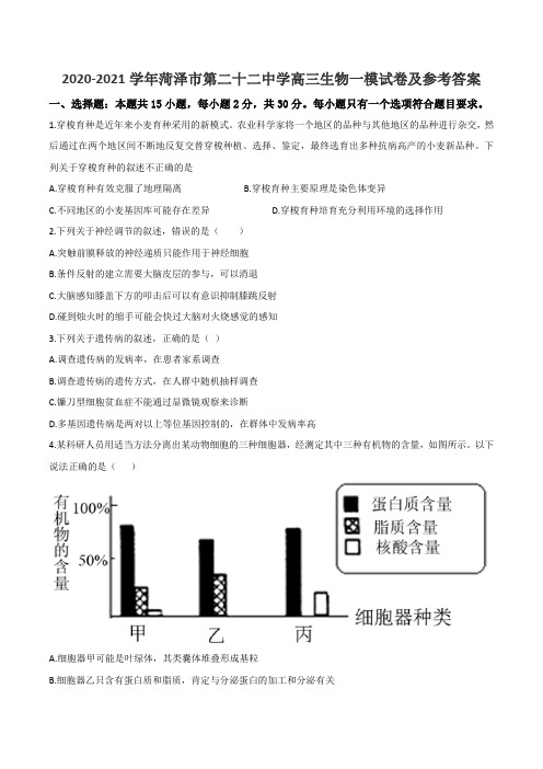 2020-2021学年菏泽市第二十二中学高三生物一模试卷及参考答案