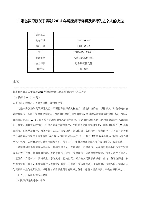 甘肃省教育厅关于表彰2013年陇原师德标兵及师德先进个人的决定-甘教师[2013]36号