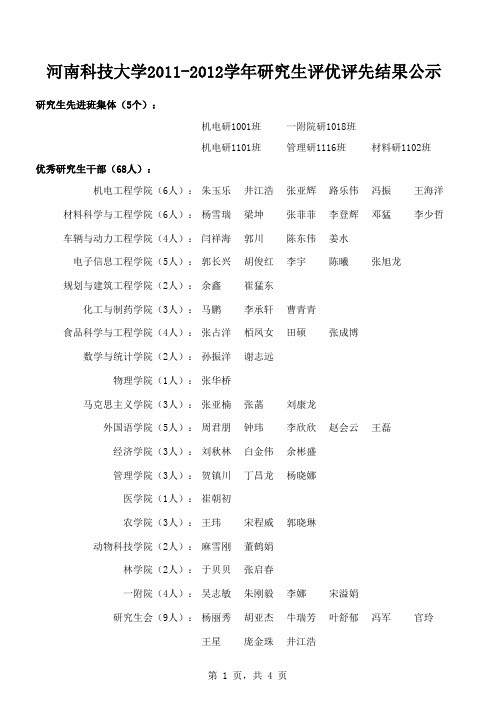 河南科技大学2011-2012学年研究生评优评先结果公示名单