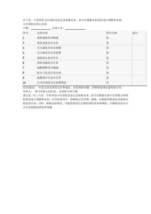 小区消防巡查记录表格范本