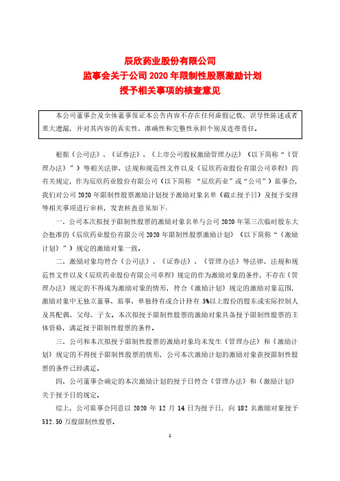 603367辰欣药业股份有限公司监事会关于公司2020年限制性股票激励2020-12-15