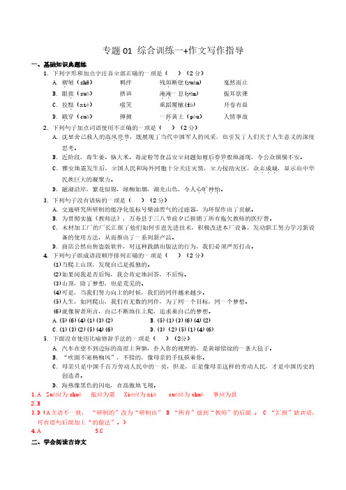 专题01 综合训练一+作文写作指导-初中语文培训资料(教师版)