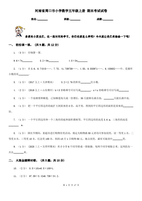 河南省周口市小学数学五年级上册 期末考试试卷