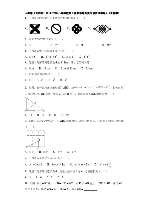 人教版(五四制)2019-2020八年级数学上册期中综合复习培优训练题A(含答案)