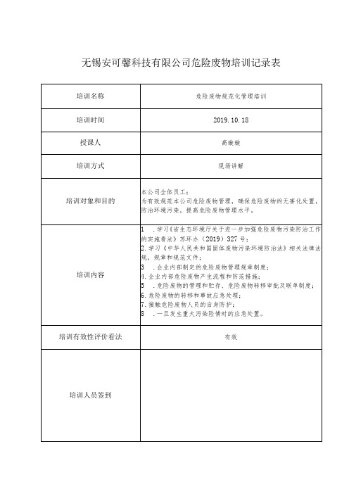 台账十二 危险废物培训记录表