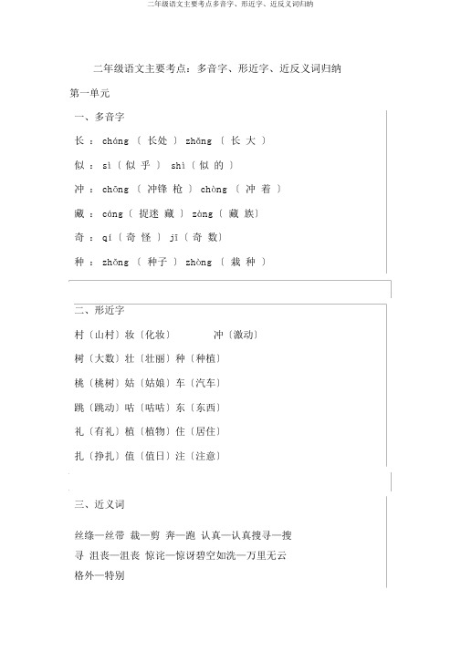 二年级语文主要考点多音字、形近字、近反义词归纳