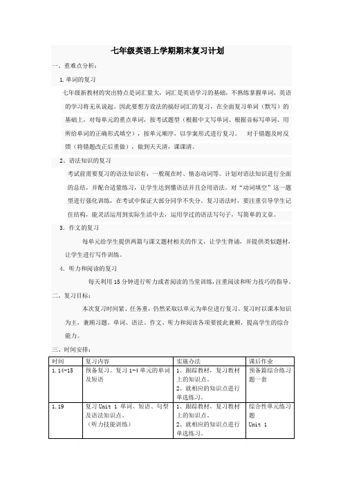 莲都中学七年级英语上学期期末复习计划 (1)