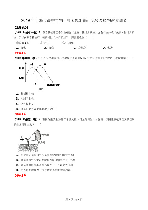 2019年上海市高中生物一模专题汇编：免疫及植物激素调节(教师版)