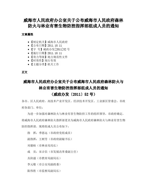 威海市人民政府办公室关于公布威海市人民政府森林防火与林业有害生物防控指挥部组成人员的通知