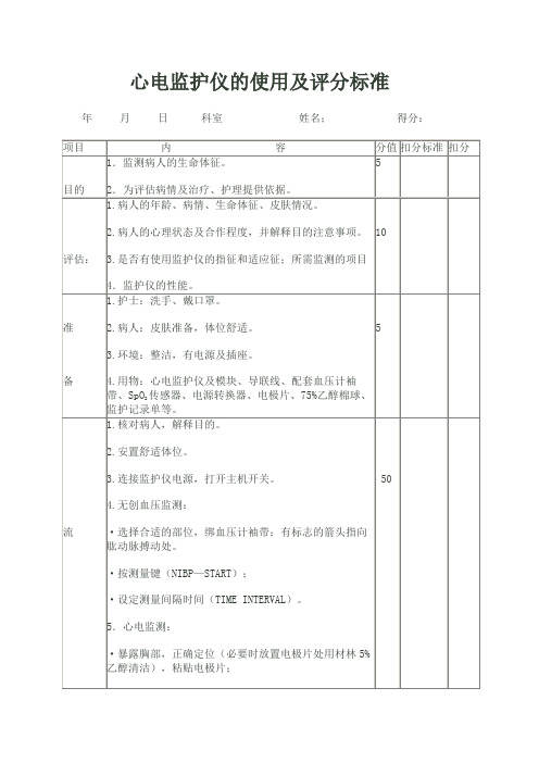 心电监护仪的使用操作流程及评分标准