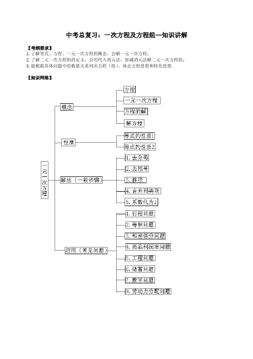 北师大初中数学中考总复习：一次方程及方程组--知识讲解(推荐)