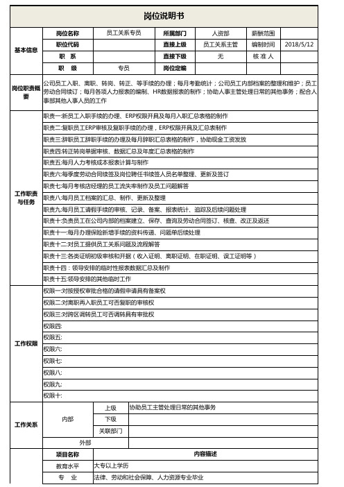 岗位设置说明书excel模版