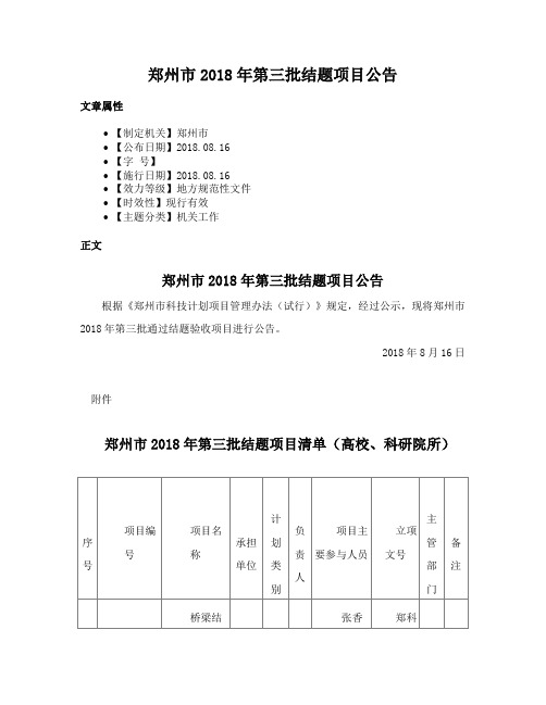 郑州市2018年第三批结题项目公告