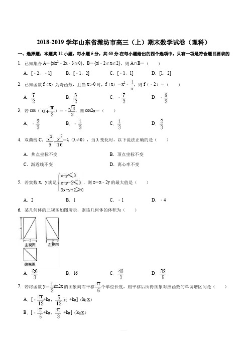 山东省潍坊市2019届高三上学期期末测试数学(理科)试题(解析版)