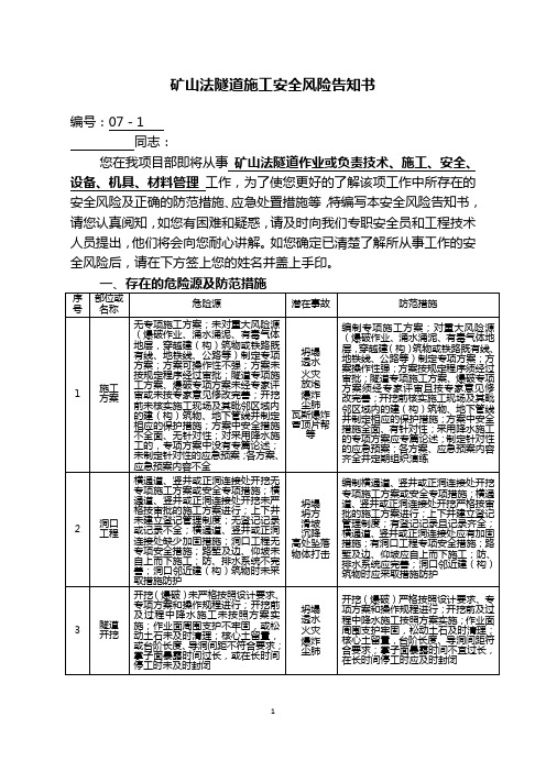 矿山法隧道施工安全风险告知书单个交底版)