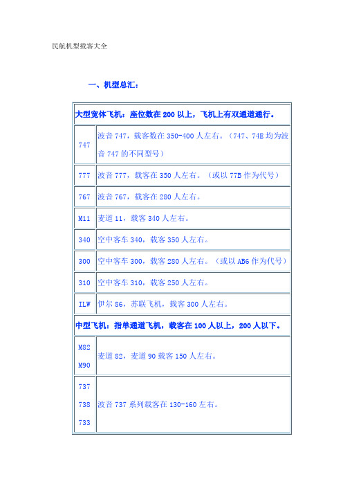 民航机型载客大全