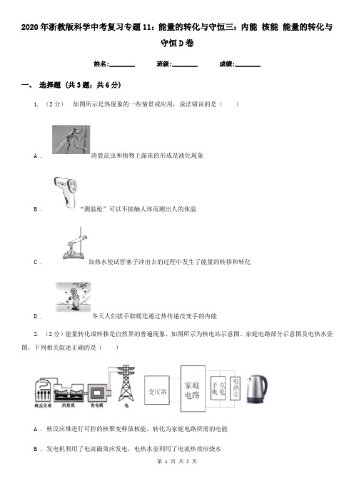 2020年浙教版科学中考复习专题11：能量的转化与守恒三：内能核能能量的转化与守恒D卷