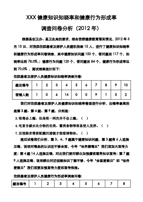 2012年健康知识知晓率和健康行为形成率试卷分析