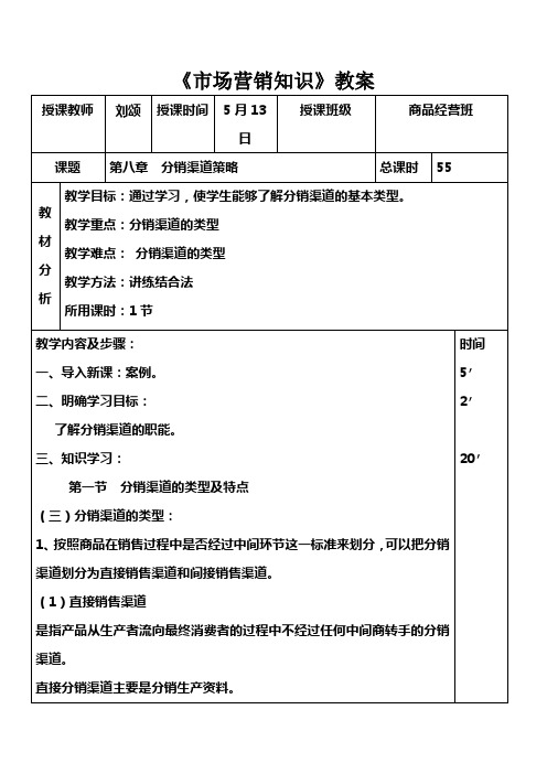 市场营销知识(高教版)教案：37 分销渠道策略.doc