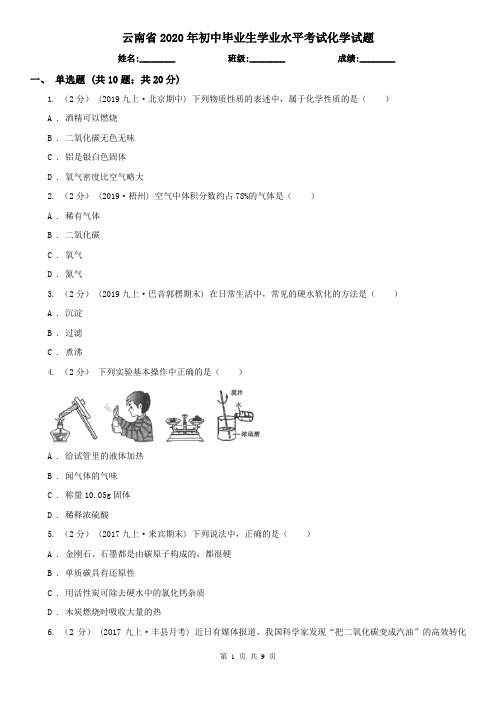 云南省2020年初中毕业生学业水平考试化学试题