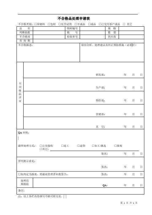 不合格品处置审批表