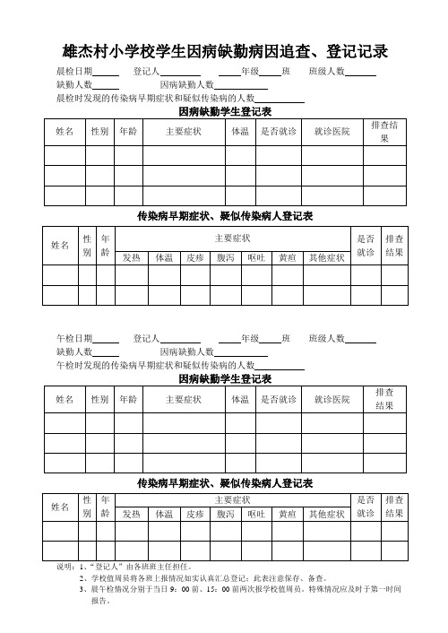 学生因病缺勤病因追查、登记记录表