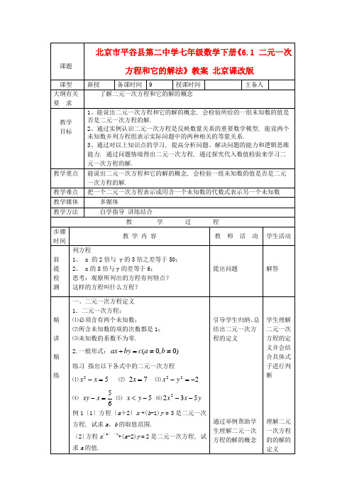 2022年北京课改版数学七年级下《二元一次方程和它的解》公开课教案2