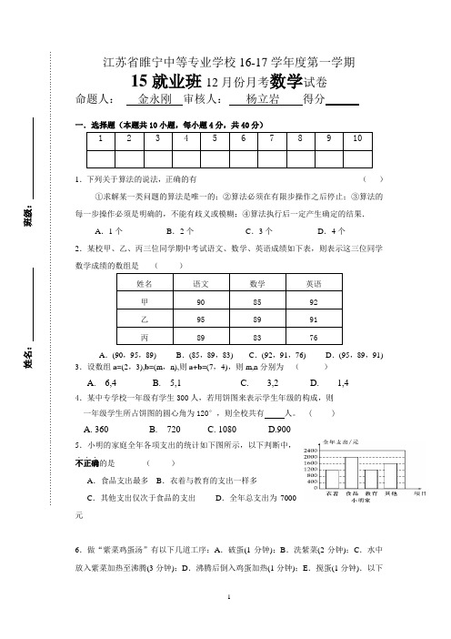 16-17第一学期15就业班数学月考试卷