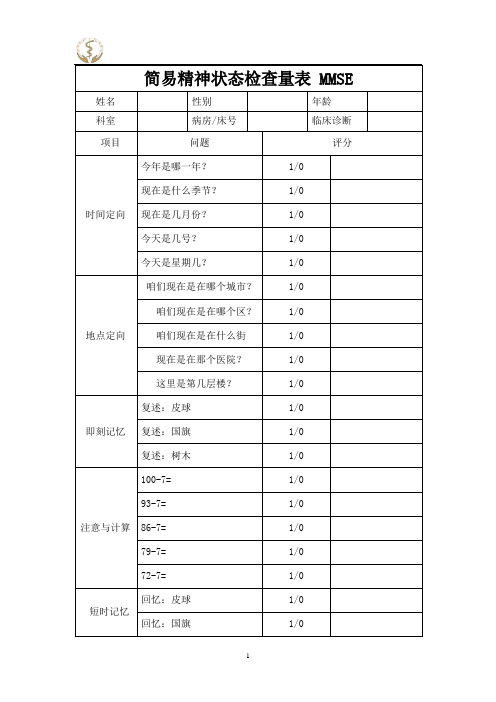 简易精神状态检查量表 MMSE