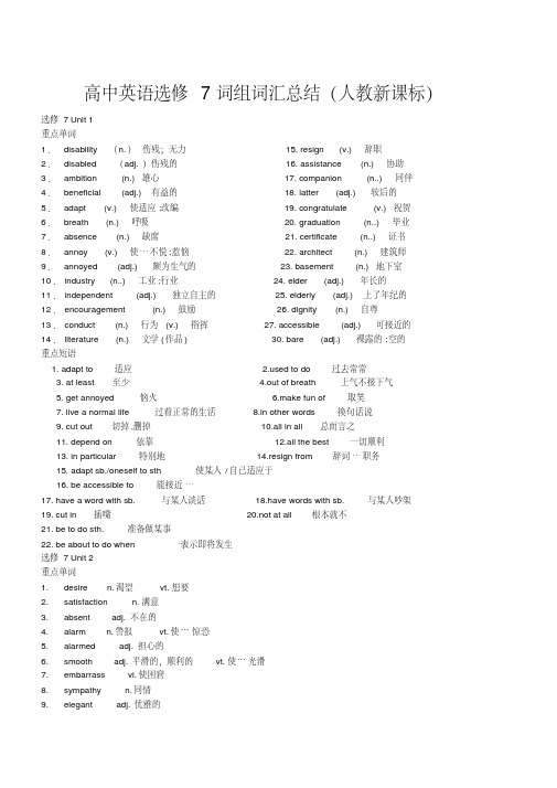 高中英语选修7词组词汇总结