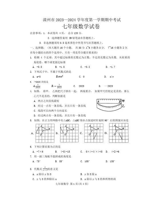 河北省唐山市滦州市2023-2024学年七年级上学期11月期中数学试题(无答案)