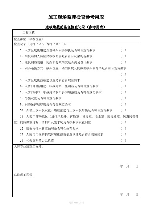 人防施工现场监理检查参考用表