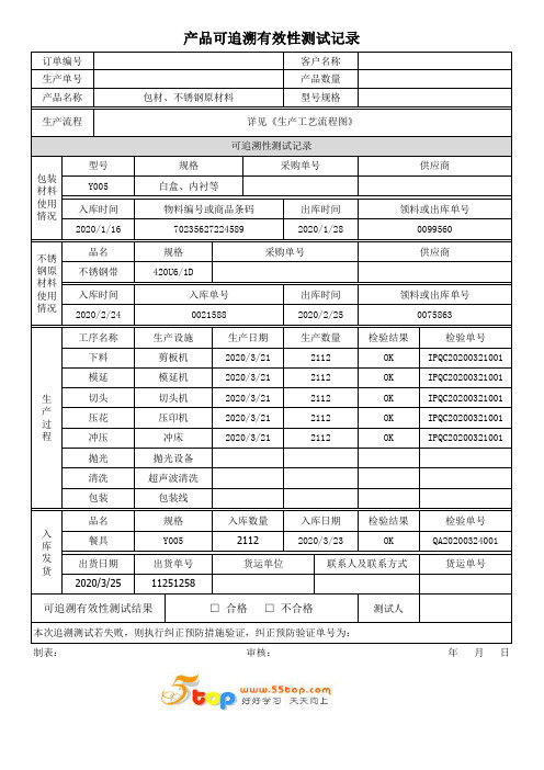 产品可追溯有效性测试记录表