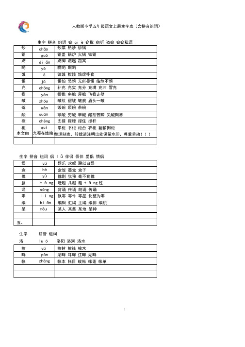 人教版五年级语文上册生字表(含拼音组词)