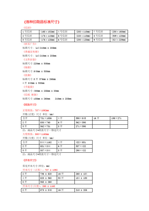 各类印刷尺寸